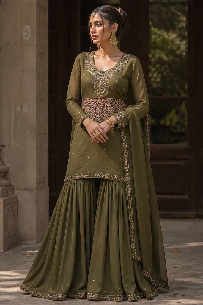 Olive green gharara dress with a contrast waistband panel