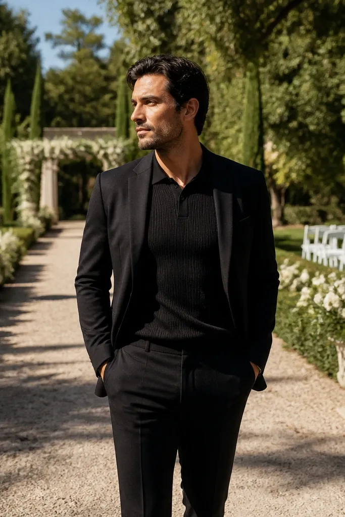 Black blazer over a ribbed knit polo with tapered black trousers and black loafers