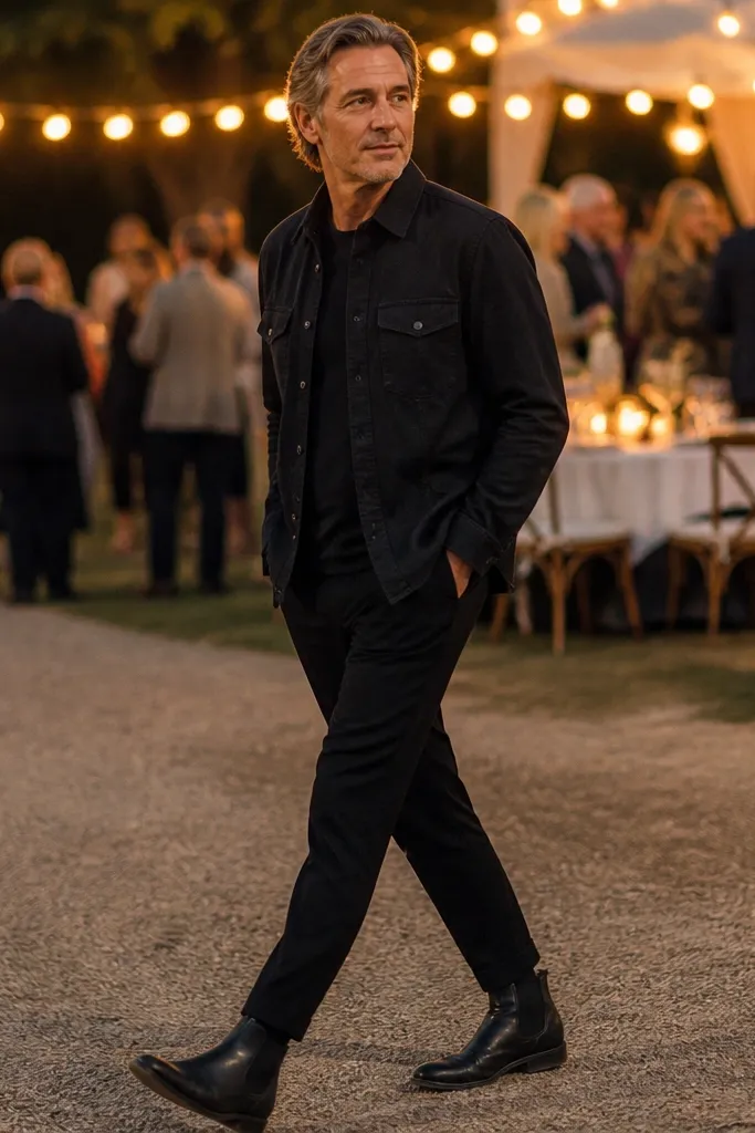 Black denim jacket and black jeans with Chelsea boots and a plain black t-shirt