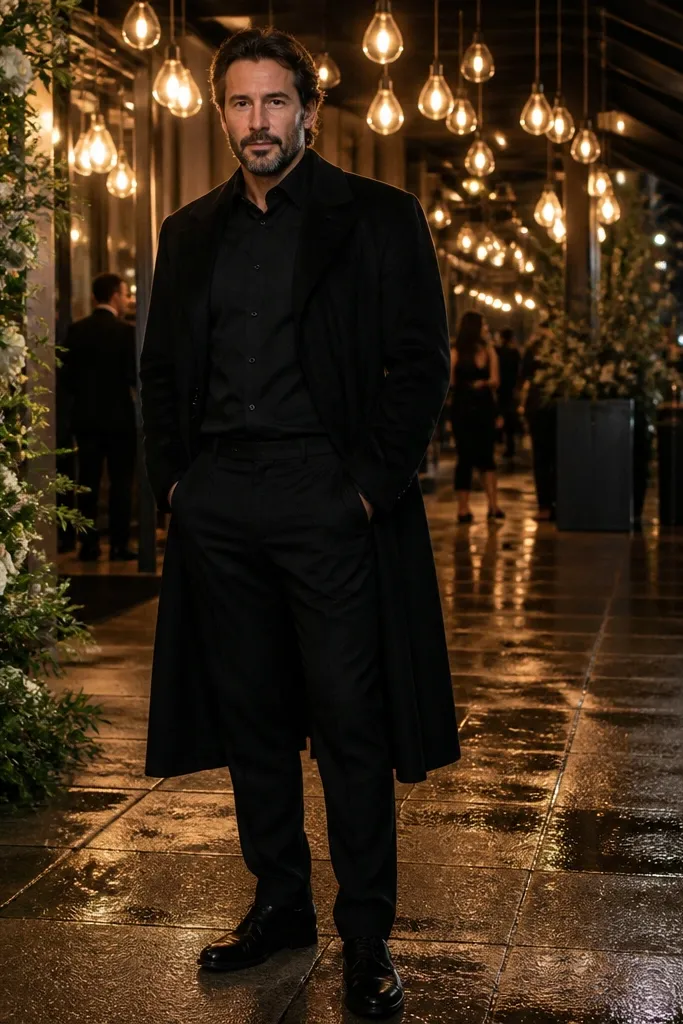 Matte black button-down with black suit trousers and a long black coat