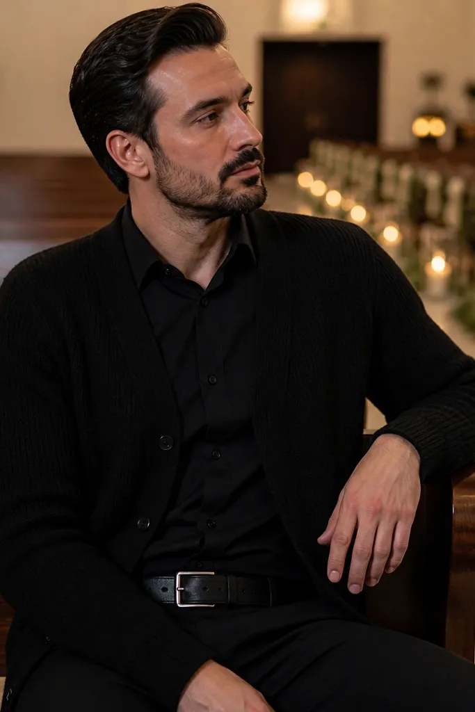Black cardigan over a black dress shirt with slim black trousers and black shoes