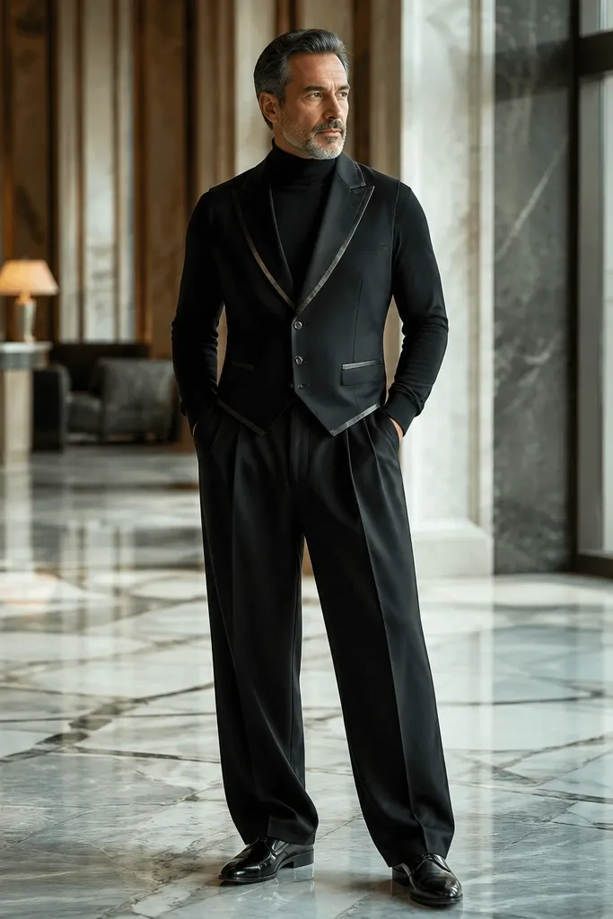Black turtleneck with black vest and wide-leg black trousers