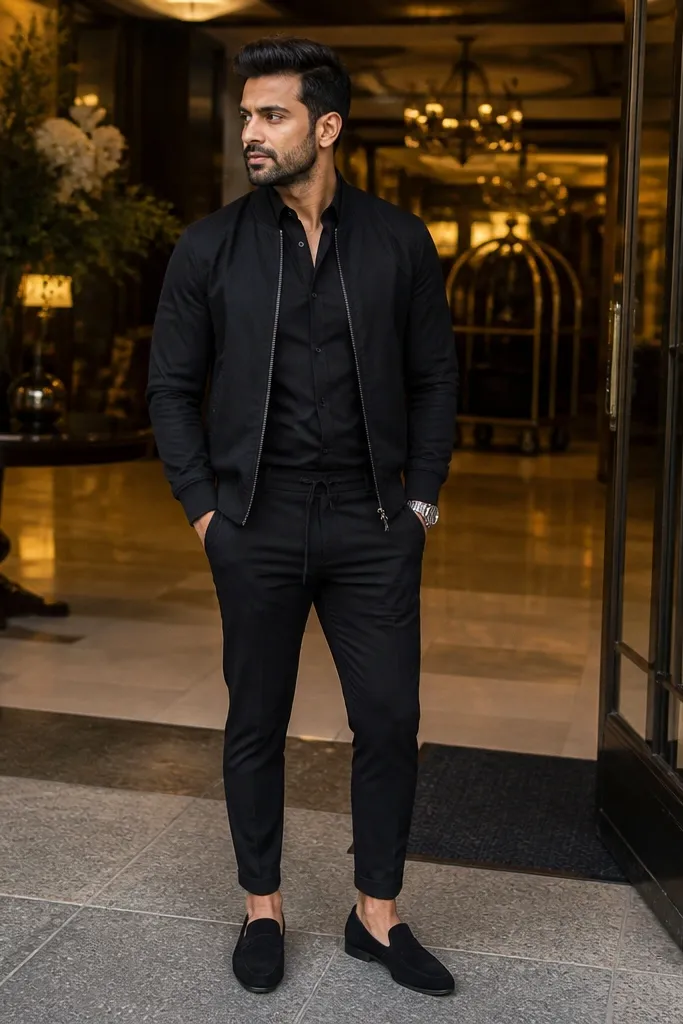 Black bomber over a black oxford shirt with tapered black trousers and sneakers