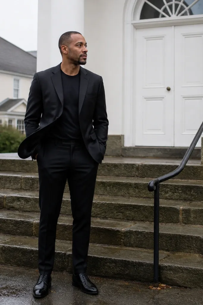 Black suit jacket over a plain black tee with slim black dress pants and black shoes