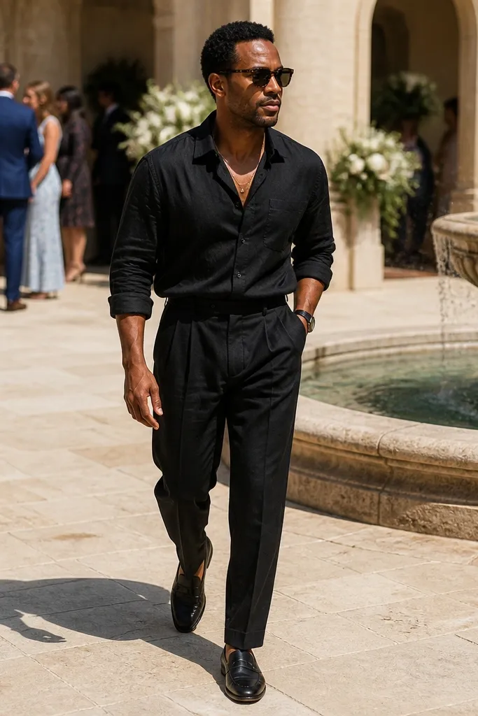 Black linen blend shirt with pleated black trousers and black loafers