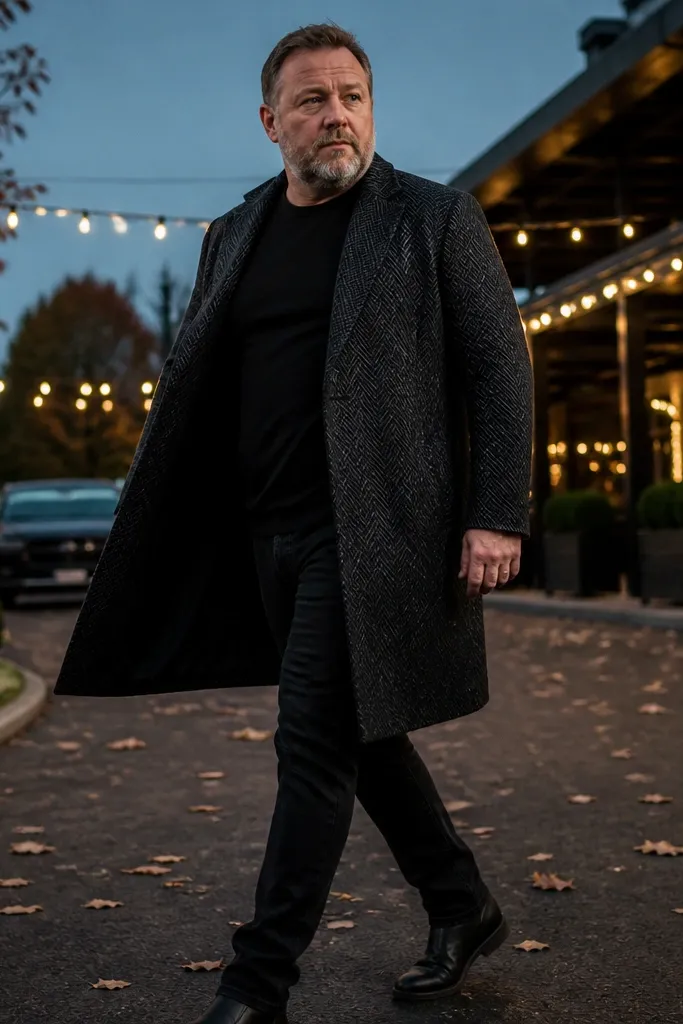 Black patterned overcoat over a black t-shirt with tailored black jeans