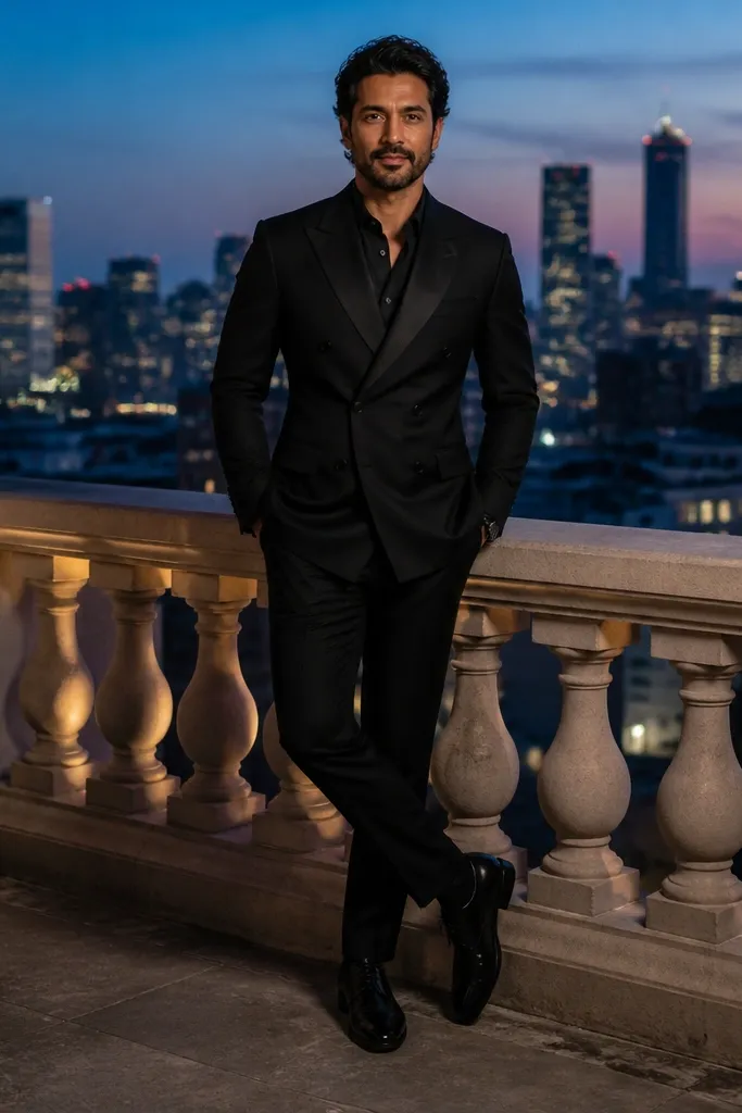 Black double-breasted blazer with black dress shirt and narrow black trousers