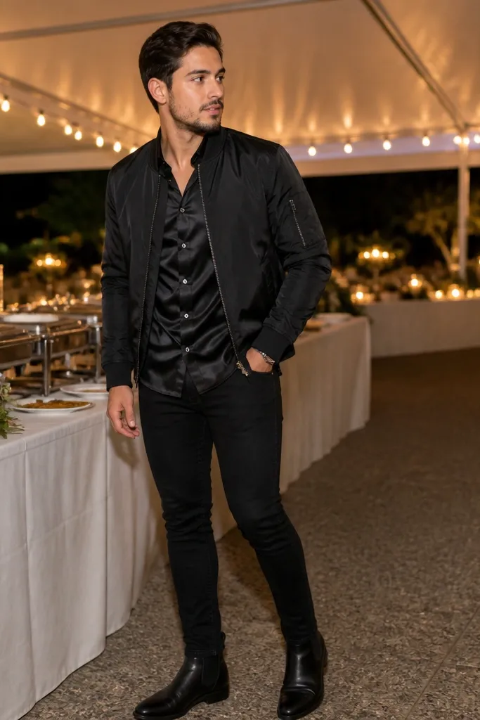 Black bomber over a satin-finish black shirt with slim black jeans and boots