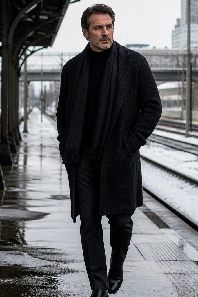 Black cardigan coat over a black turtleneck with straight-leg black trousers