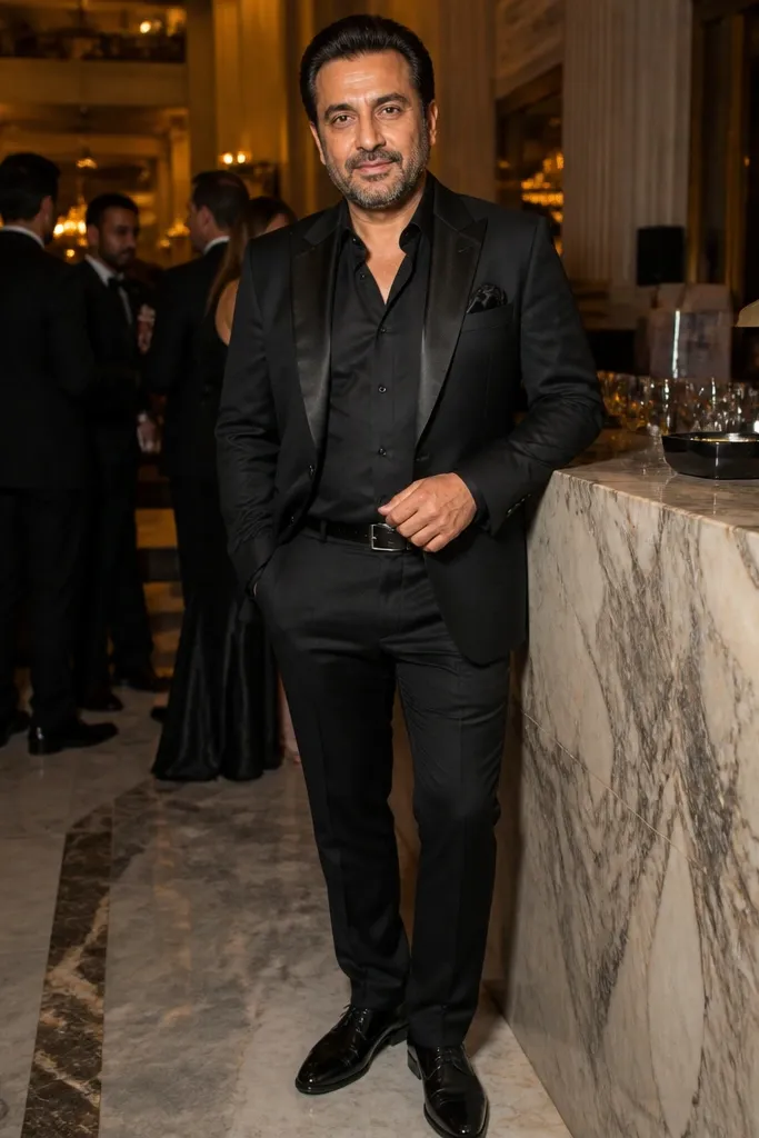 Black jacket with satin lapel over black shirt and black trousers with dress shoes