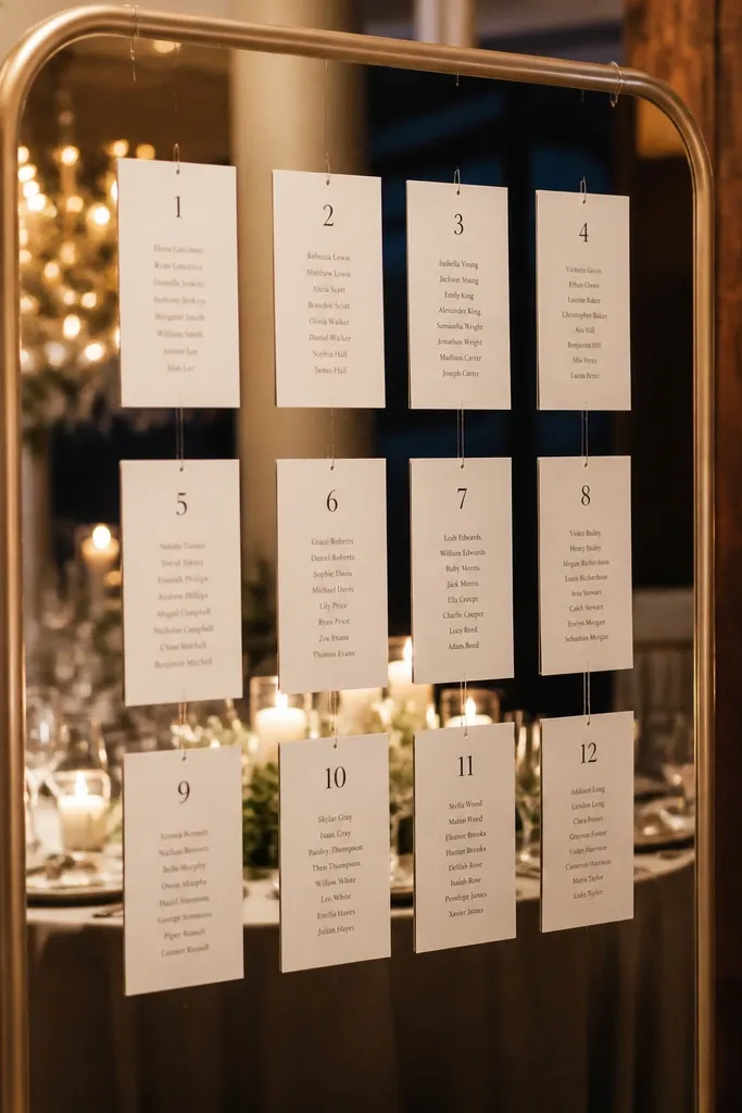 Clear mirror panel with hanging table tags and name slips in vertical rows