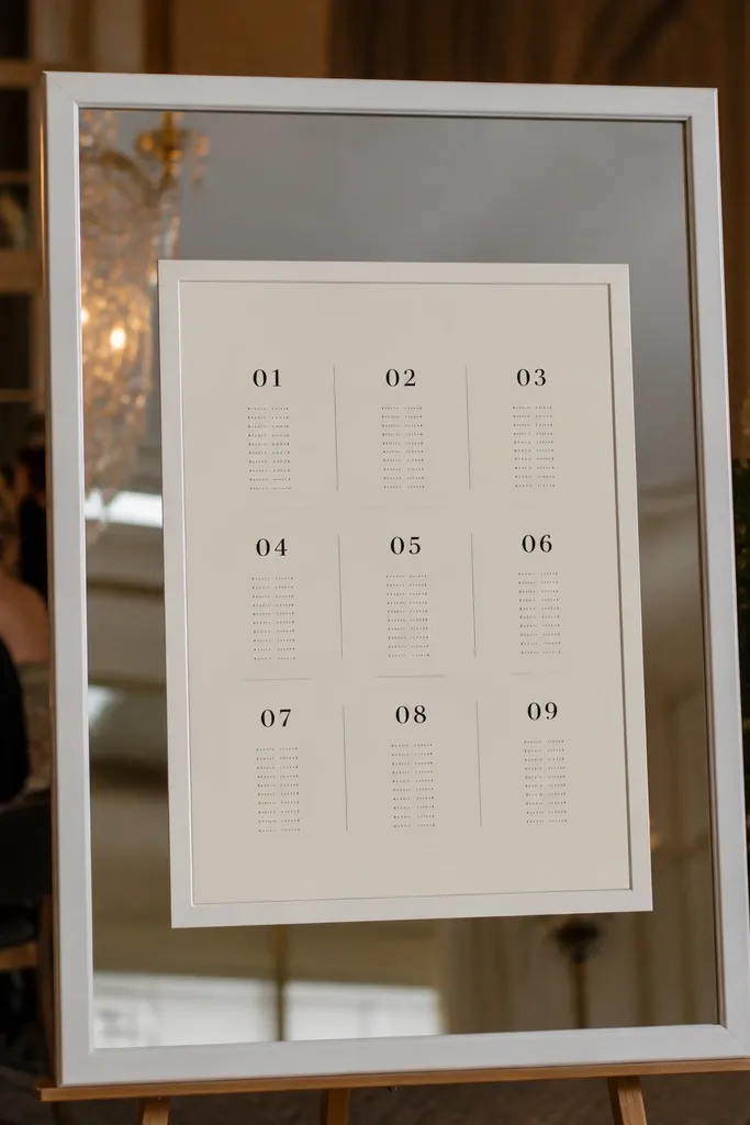 Mirror with a simple -frame border and vinyl table numbers arranged inside