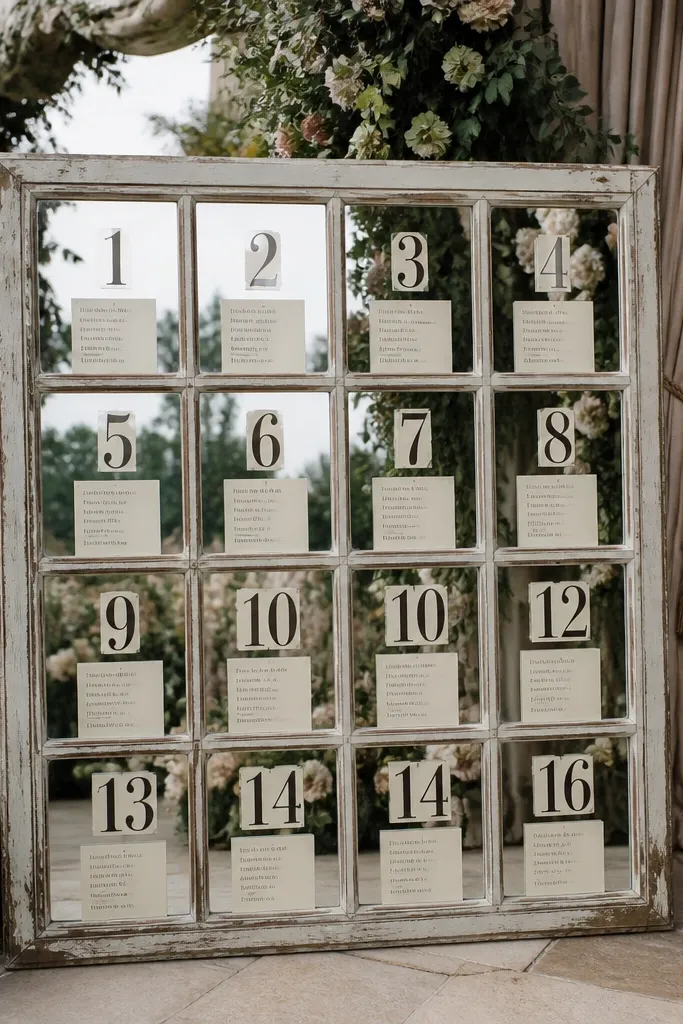 Mirror with window-style grid and numbered place cards for each table