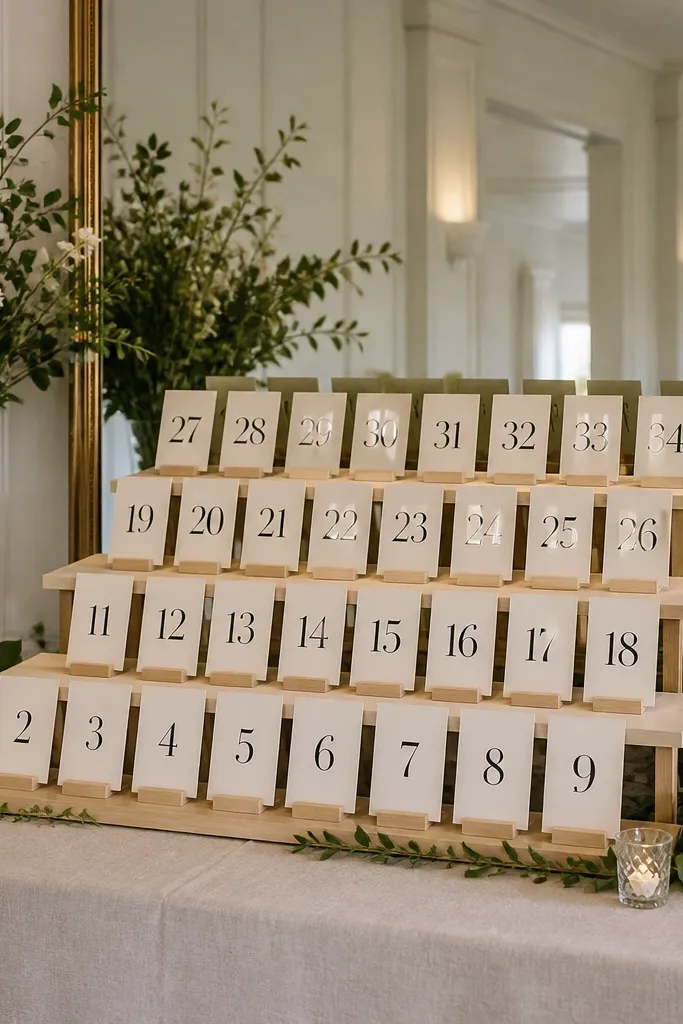 Large mirror with tiered table number signs stepping down in size