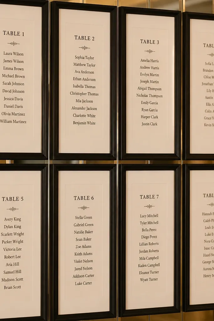 Mirror with small framed strips of printed seating chart text arranged vertically