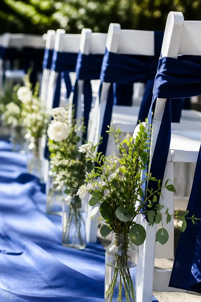 Cream table linens with cornflower blue napkins and navy candles