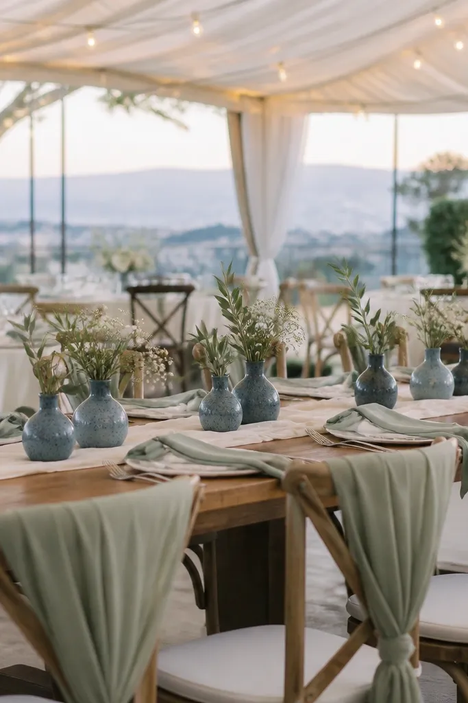 Ivory invitations with sage greenery and dusty blue flowers in bud vases