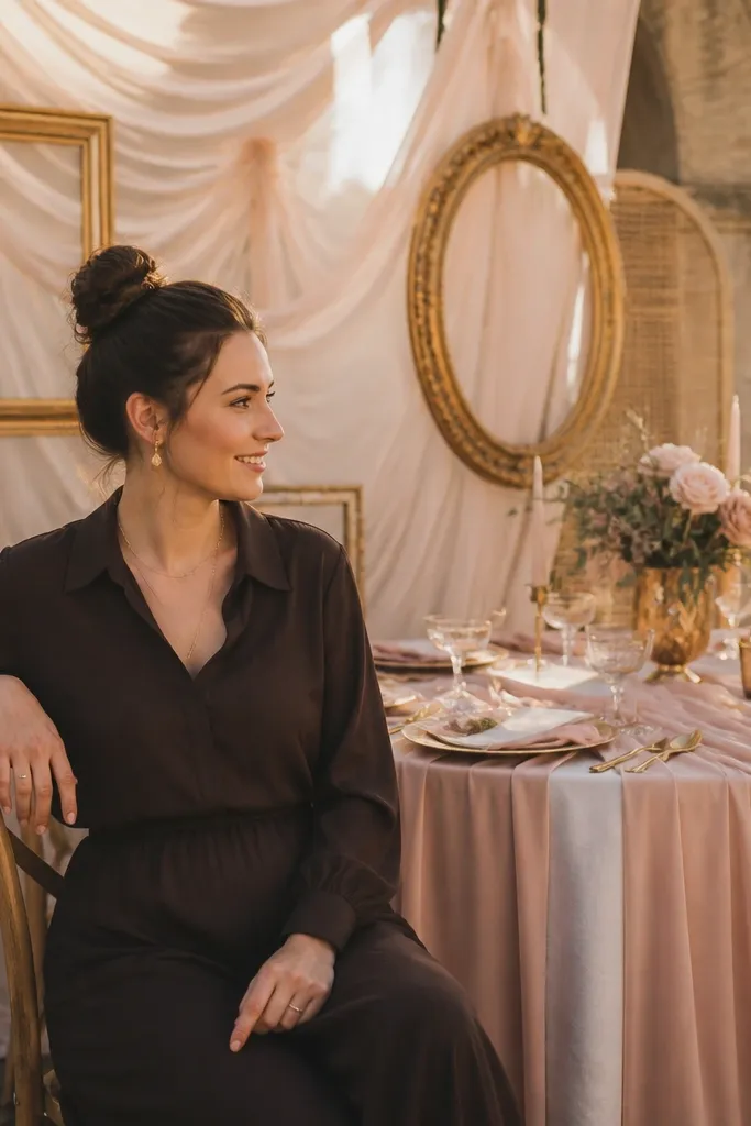 Blush table setting with dusty rose florals and champagne-gold candle holders