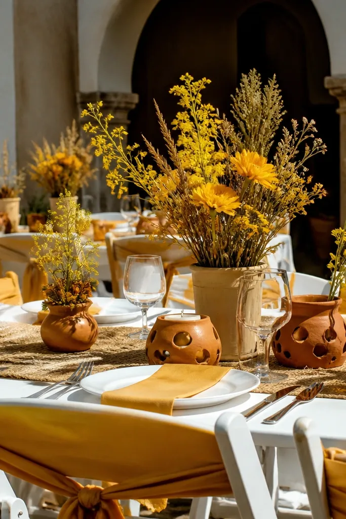 White tables with mango yellow napkins and terracotta brown centerpieces