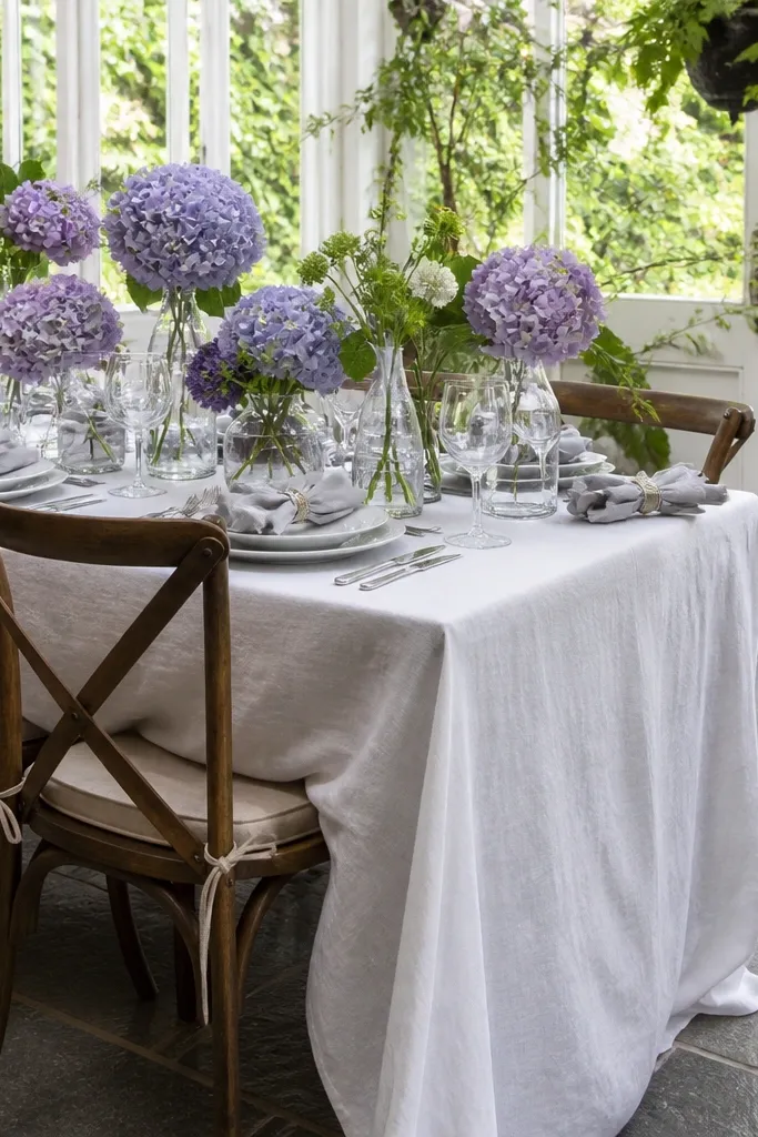 Lilac and white bouquets with soft gray linens and candles