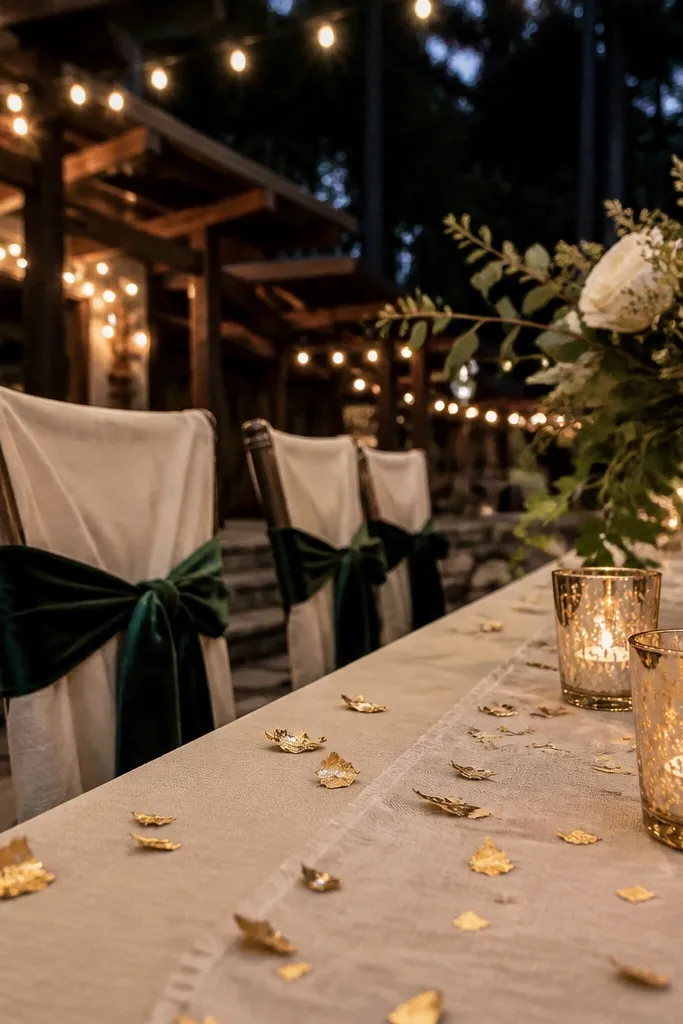 Forest green napkins with cream florals and gold leaf candle accents
