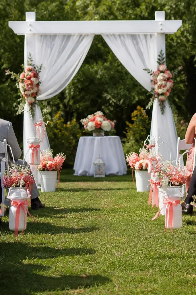 Coral pink florals with blush runners and white candles