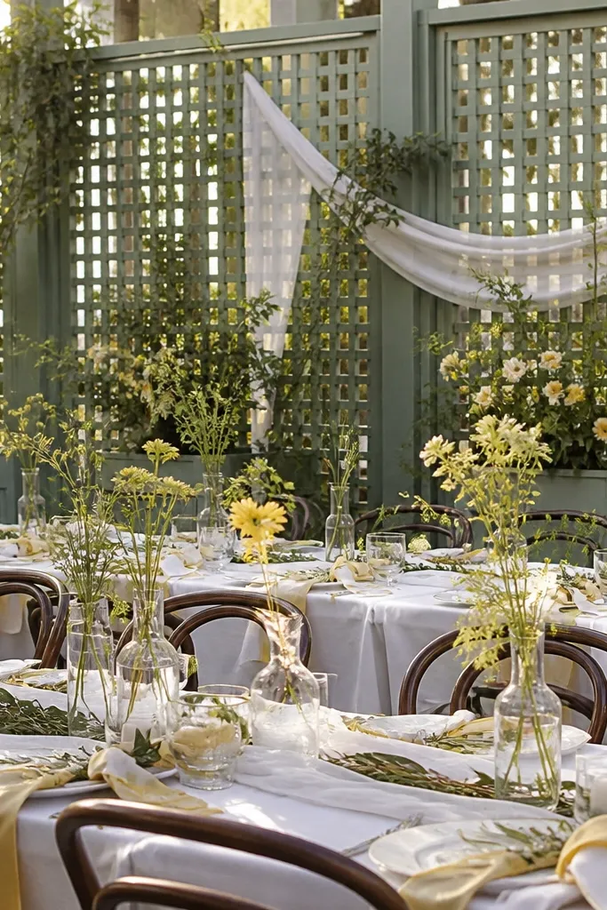 White florals with sage greenery and butter yellow napkins