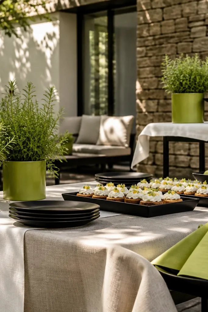 Cream table with black candles and lime green floral accents