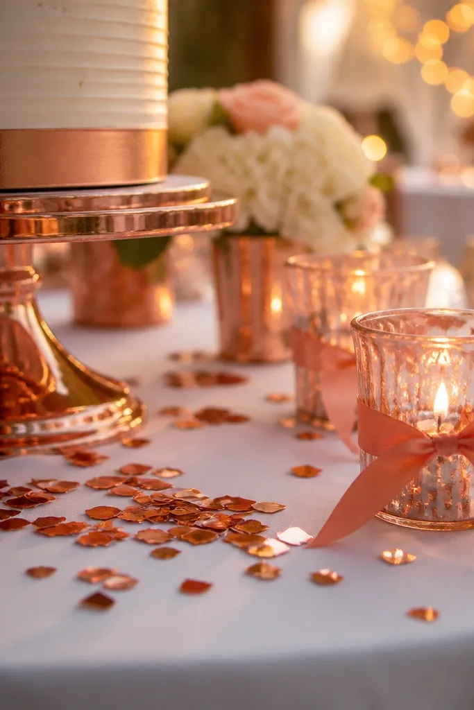 White reception tables with rose gold candle lids and coral accents