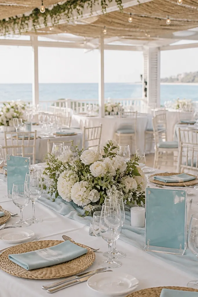 Aqua napkins with white florals and pale sand candles