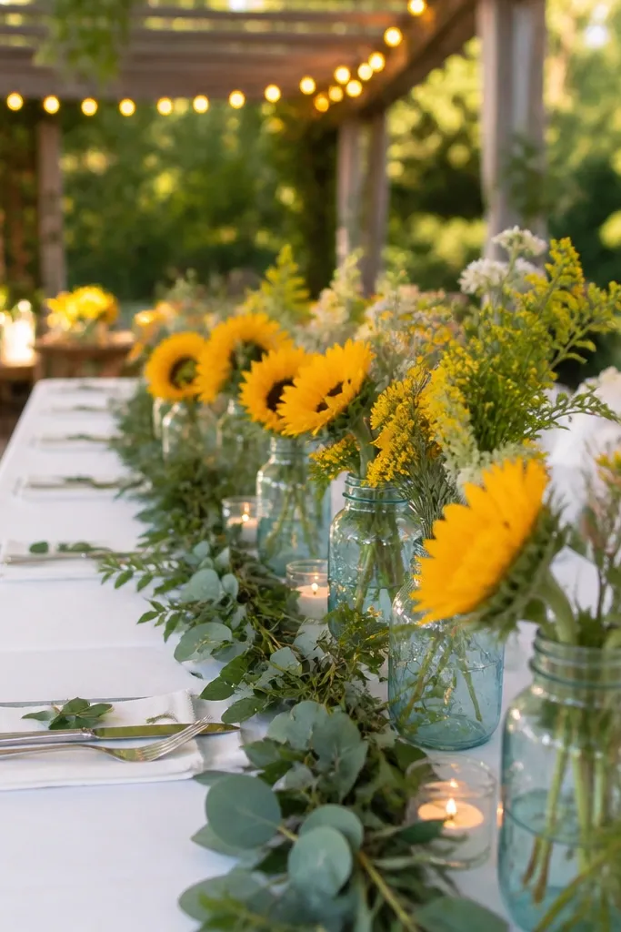Sunflower centerpieces with white linens and teal-green leaf accents