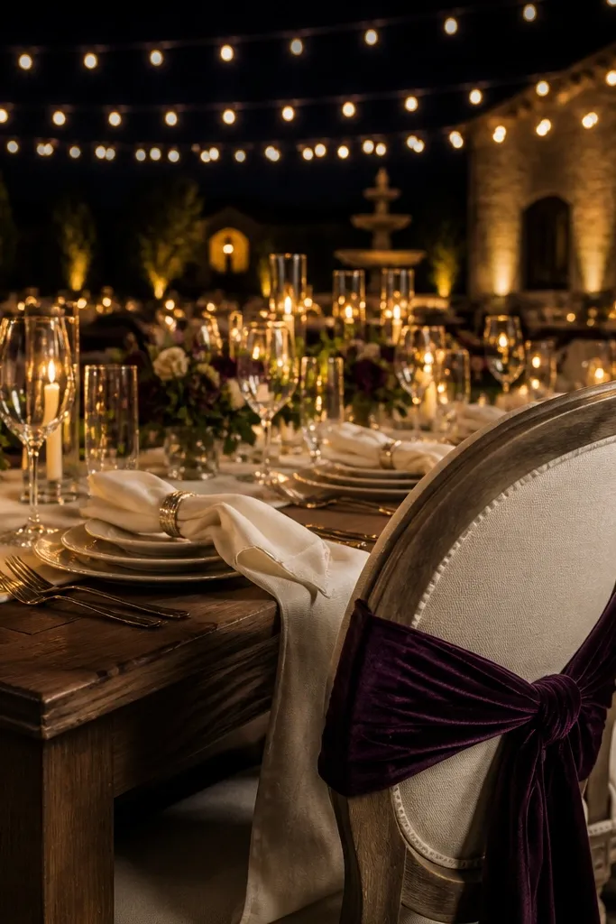 Plum napkins with cream florals and dusty gold candle holders
