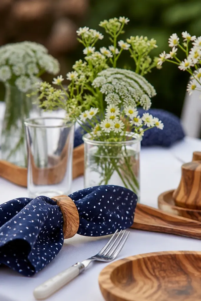 White linens with olive greenery and navy dotted paper accents