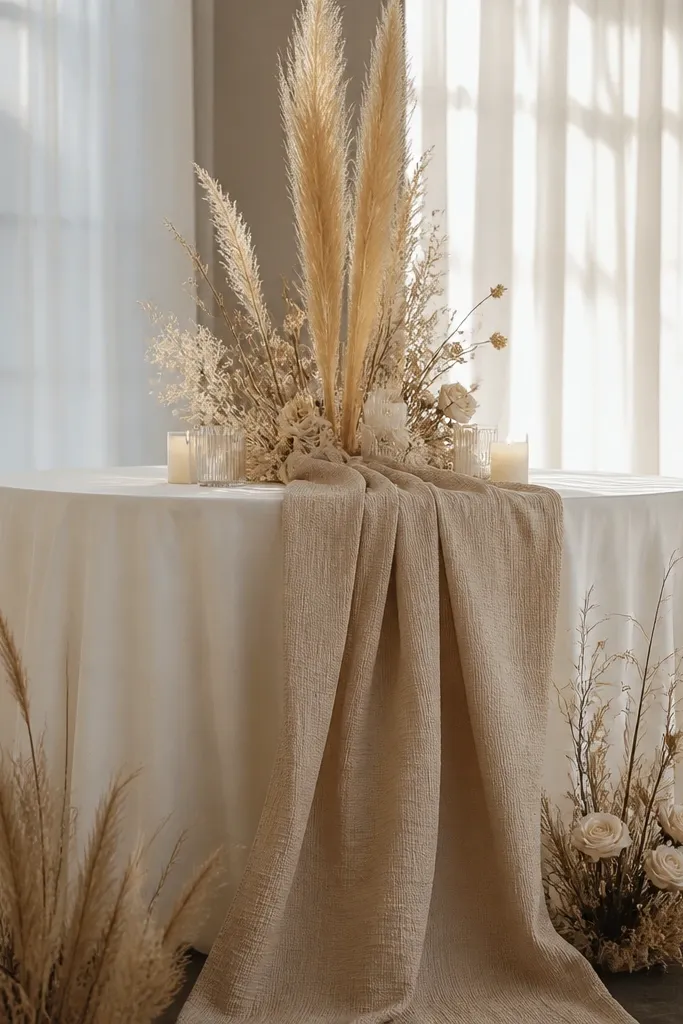 Tall dried pampas stems in a neutral vase with a cream linen runner on a sweetheart table