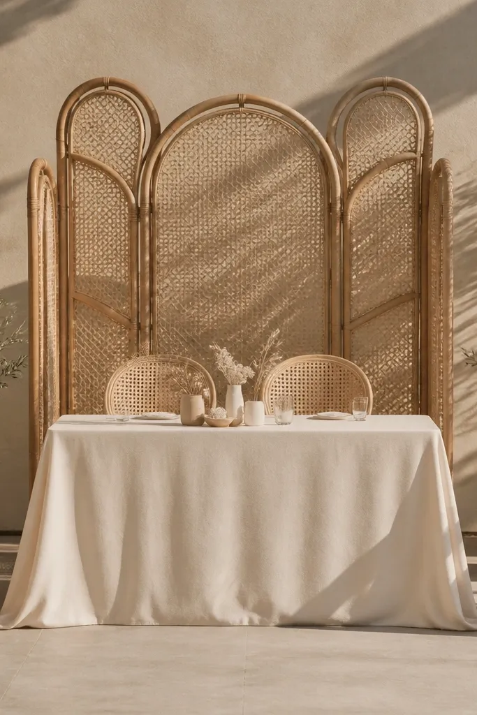 A rattan arch frame behind two chairs with warm string lights and neutral florals