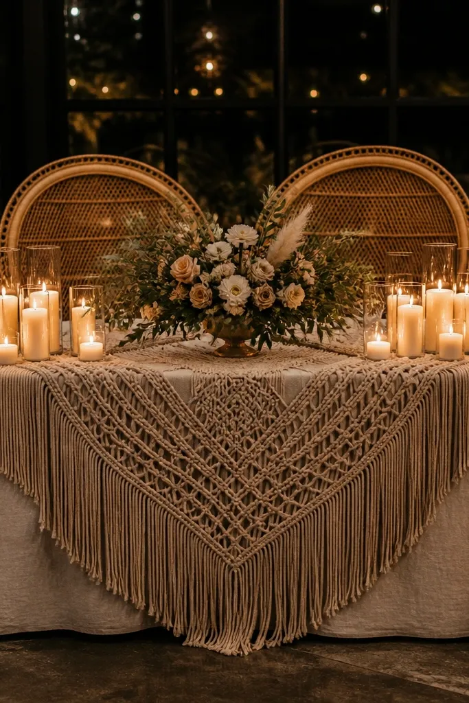 Cream macrame runner with two candle clusters on either side of a sweetheart table