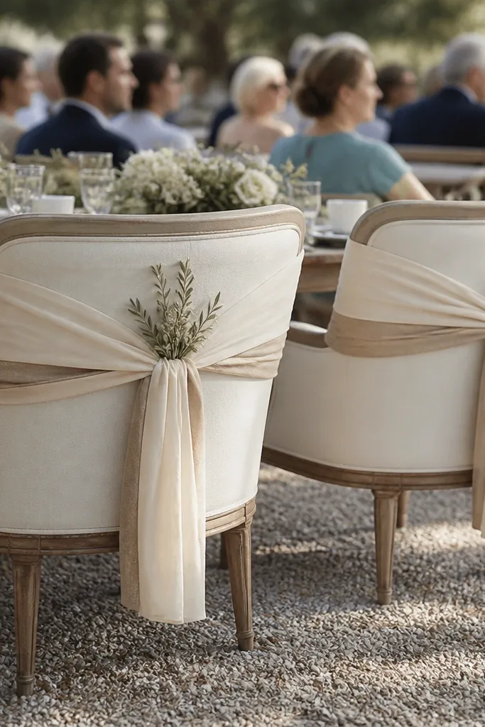 Chair backs with cream linen sashes and small dried sprigs tied in neat bows