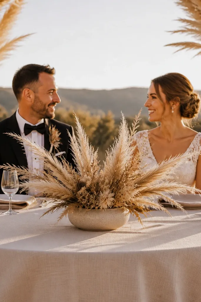Low vase with pampas arranged like a fan across a sweetheart table