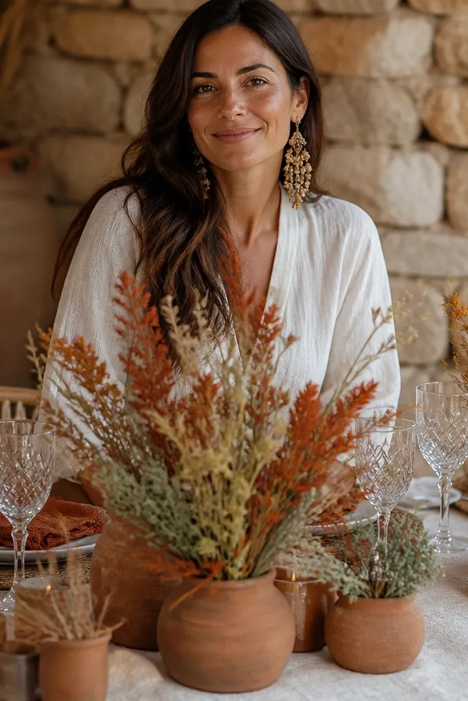 Terracotta-toned vases with dried wildflower stems on a cream linen sweetheart table