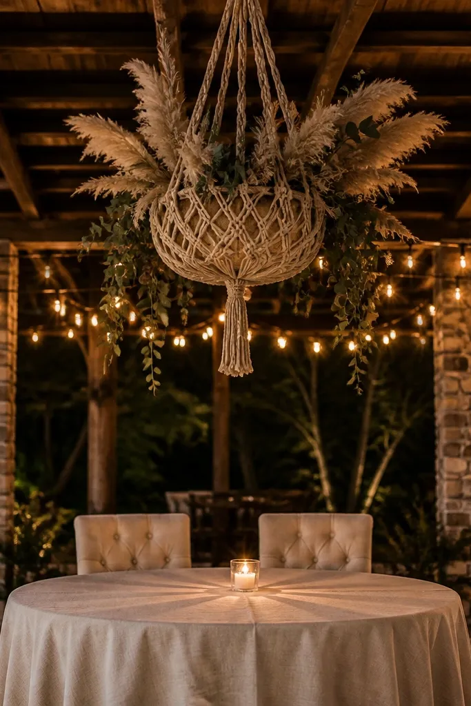 Macrame hanging planters above a sweetheart table with small dried greenery