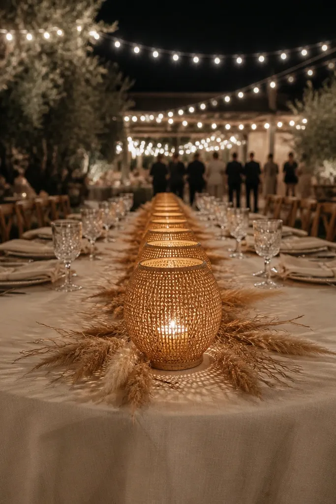 Rattan lanterns with candles arranged in a line down the center of a sweetheart table