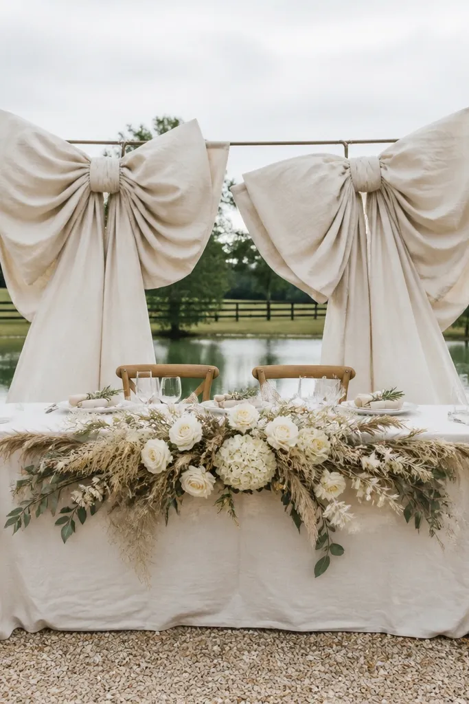 Large cream linen bows tied to a backdrop frame behind a sweetheart table