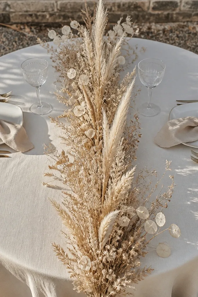 A cream runner with a slim strip of dried flowers down the center