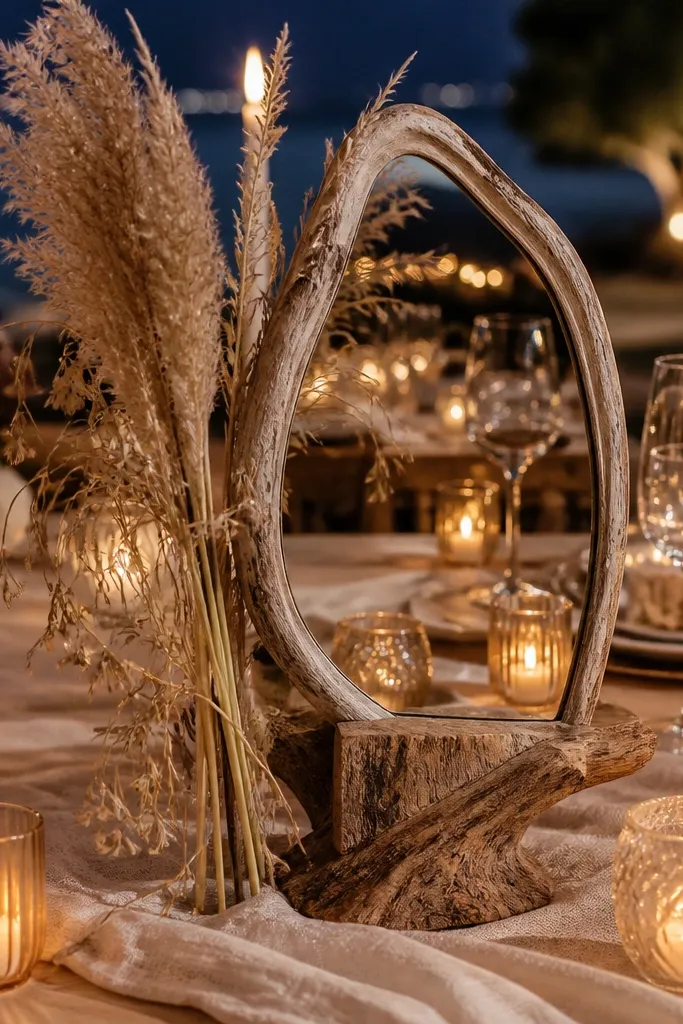 A small mirror on a driftwood-style base with dried stems on the sweetheart table