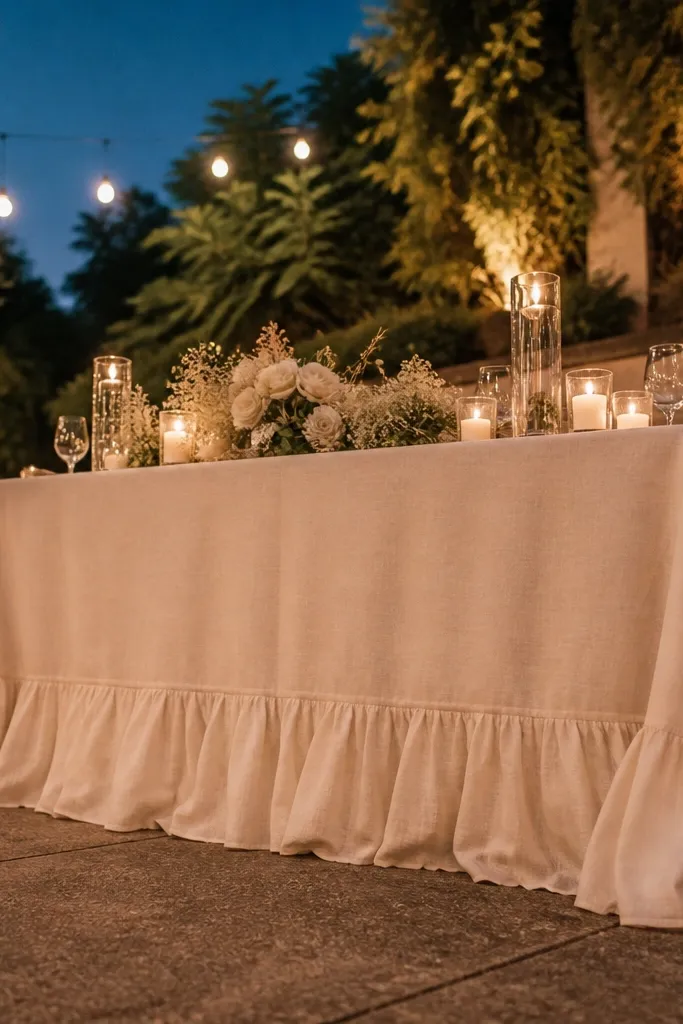 Cream linen table skirt with one ruffled tier and soft natural textures