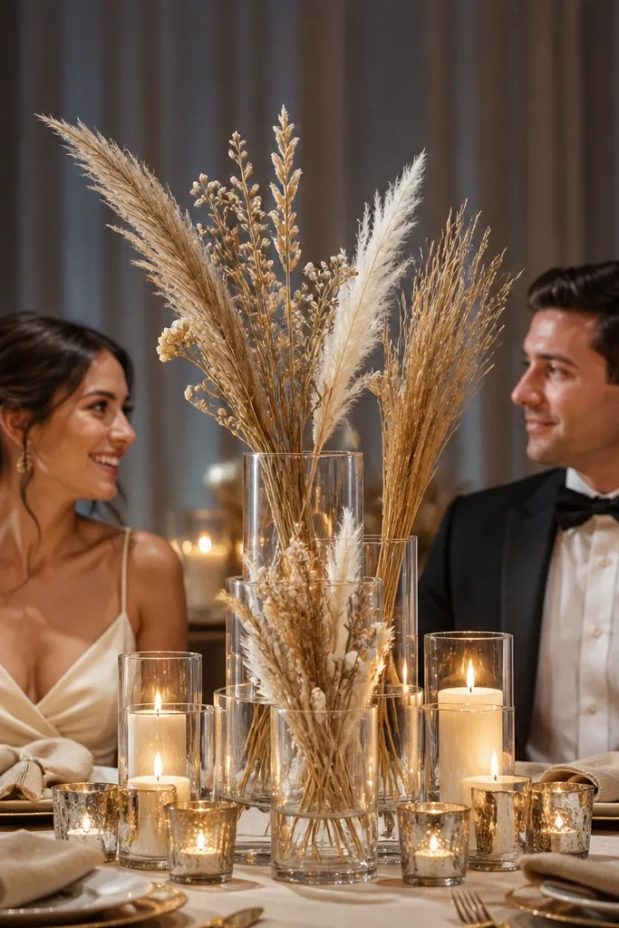Three glass vases stacked at different heights with dried grasses centered on the sweetheart table