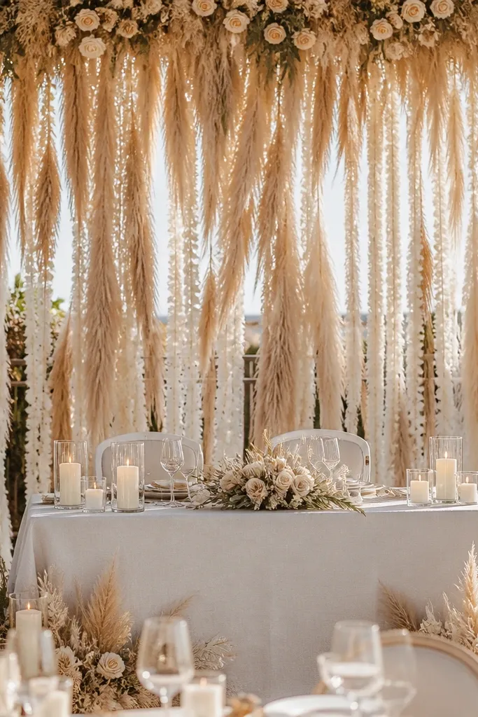 A curtain of pampas and dried grasses behind the sweetheart chairs