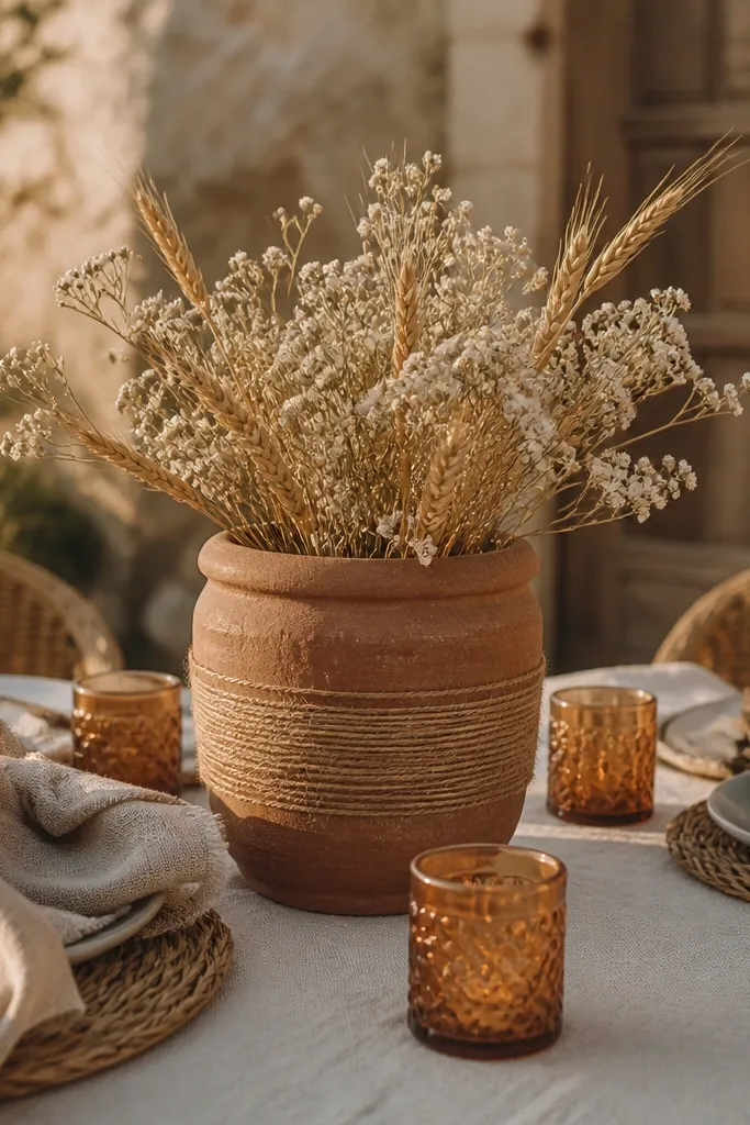 Terracotta pots with dried stems and twine wrapped around a centerpiece base