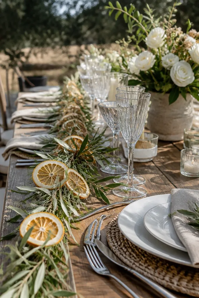 A garland of olive branches and dried citrus slices running along a sweetheart table edge