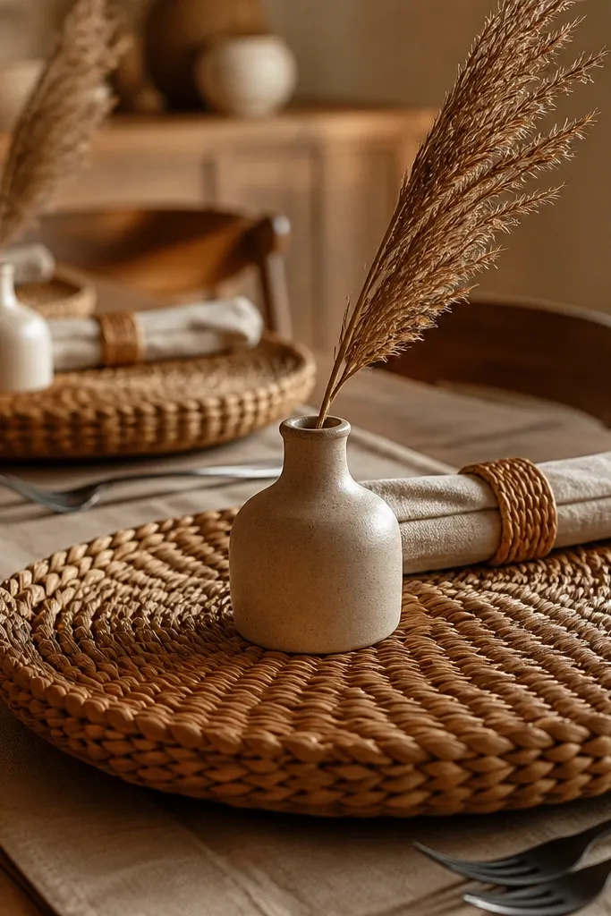 Woven charger plates with a single dried stem vase in the center of a sweetheart table
